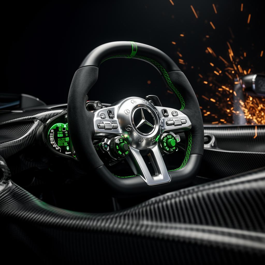 Detalhe de cockpit de Fórmula 1 com acentos verdes